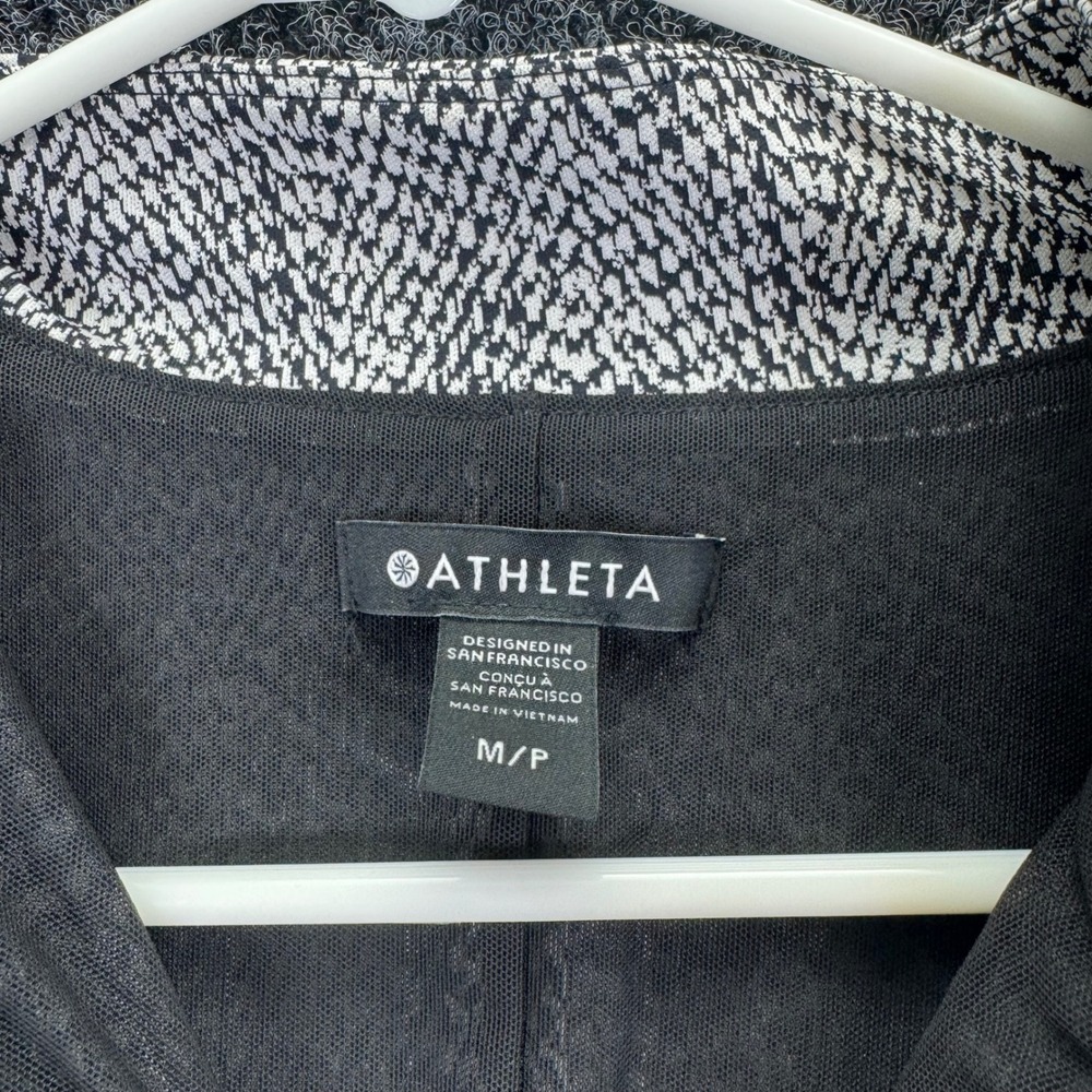 Athleta Black White Herringbone Zip Mock Neck Long Sleeve Dress Pockets Medium P - Picture 4 of 7